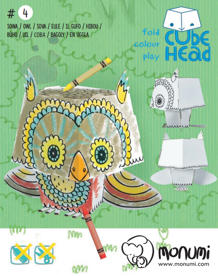 Sowa. Cube Head. Złóż i pokoloruj