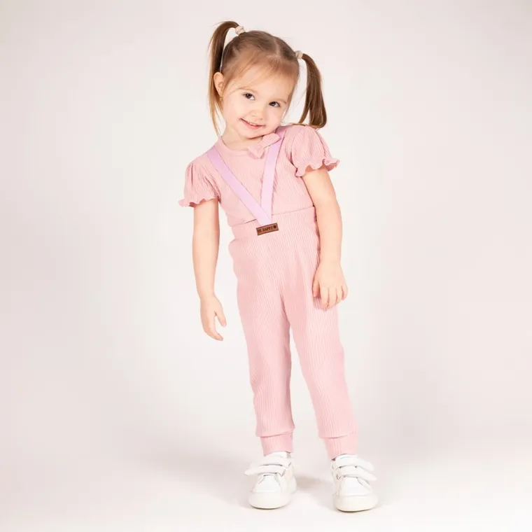 Spodnie dziewczęce na szelkach, prążkowane, różowe, Nicol