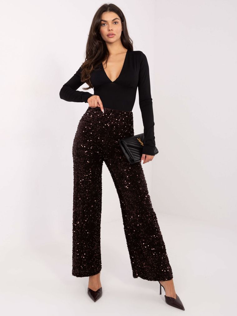 Spodnie materiałowe damskie, brązowe, Italy Moda