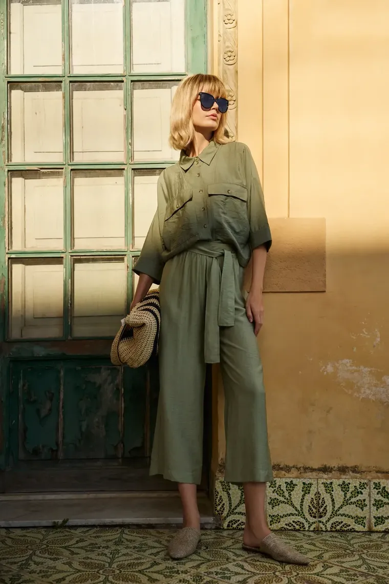 Spodnie materiałowe damskie, khaki, Moodo