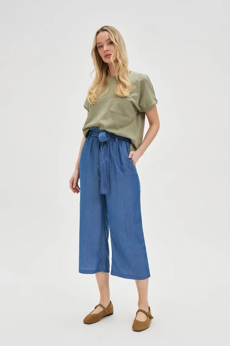 Spodnie materiałowe damskie, niebieskie, Moodo