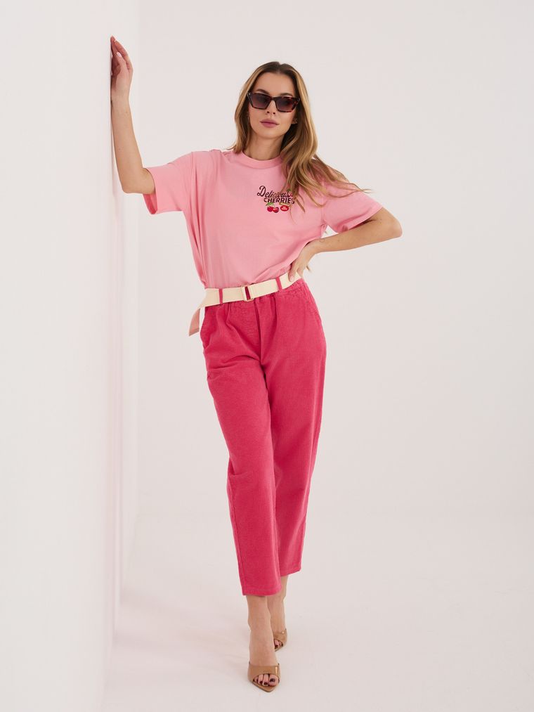 Spodnie materiałowe damskie, różowe, Italy Moda