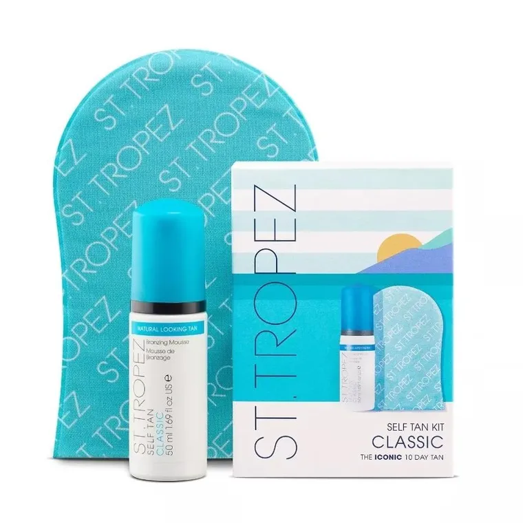 St. Tropez, Self Tan Classic, zestaw: samoopalająca ultra nawilżająca pianka, 50 ml + rękawica