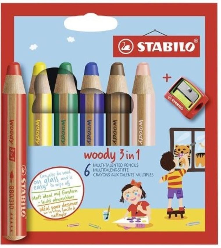 Stabilo, kredki Woody, 3w1, 6 kolorów + temperówka