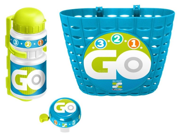 Stamp, zestaw rowerowy, koszyk + bidon + dzwonek, niebieski