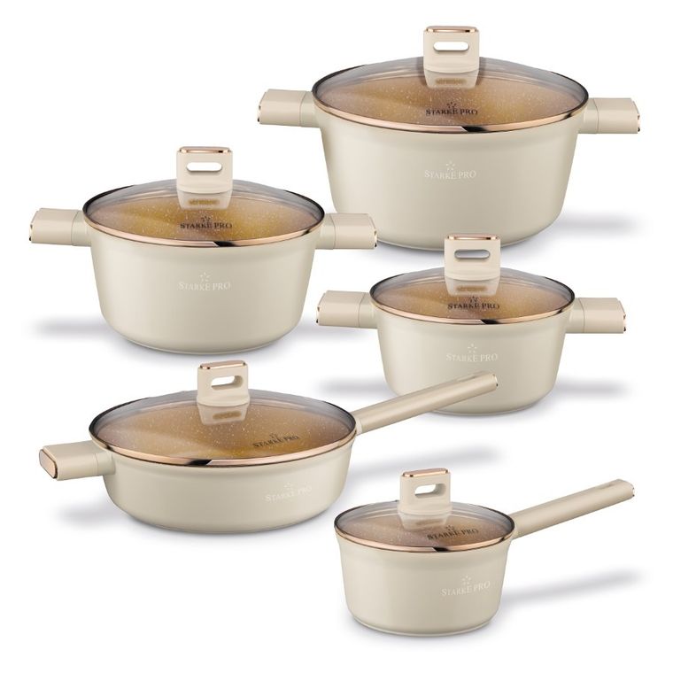 Starke Pro, Starlet Beige, zestaw: garnki z pokrywką + patelnia, 10 elementów
