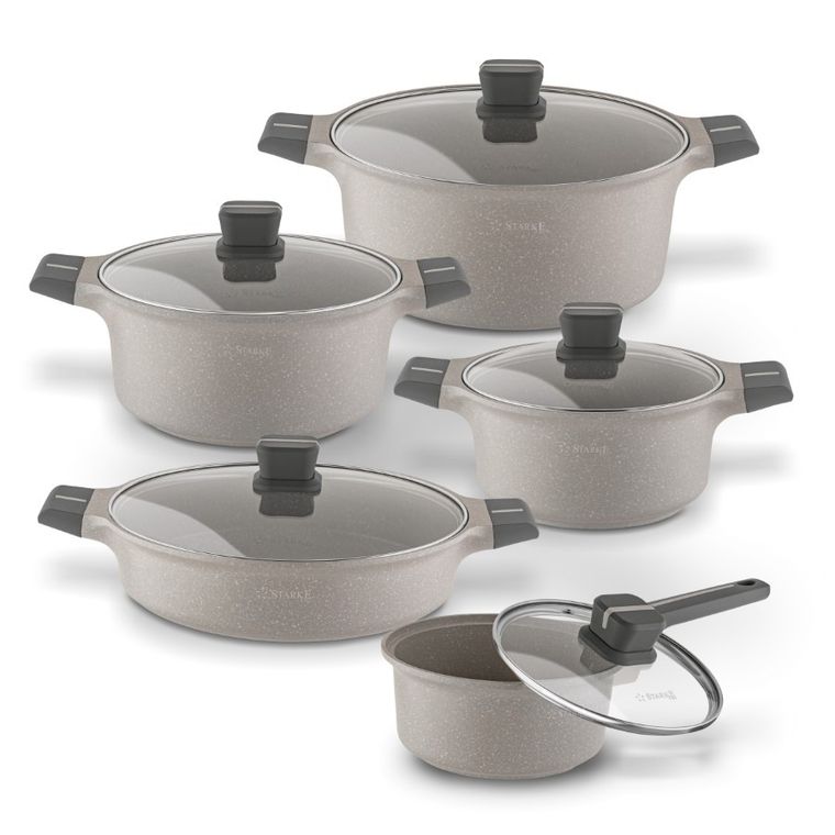 Starke Pro, Stoneware Marble, zestaw garnków z pokrywką i patelnia, 10 elementów