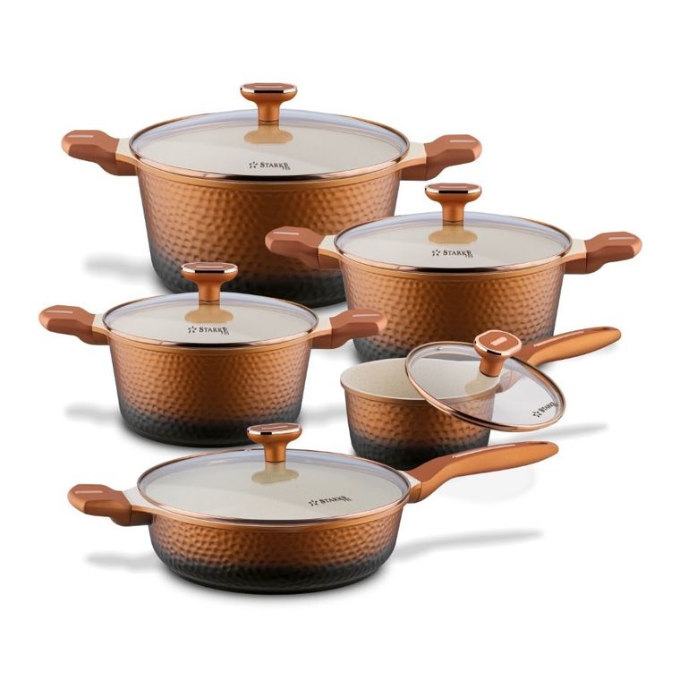 Starke Pro, Texture Copper, zestaw garnków z pokrywką i patelnia, 10 elementów