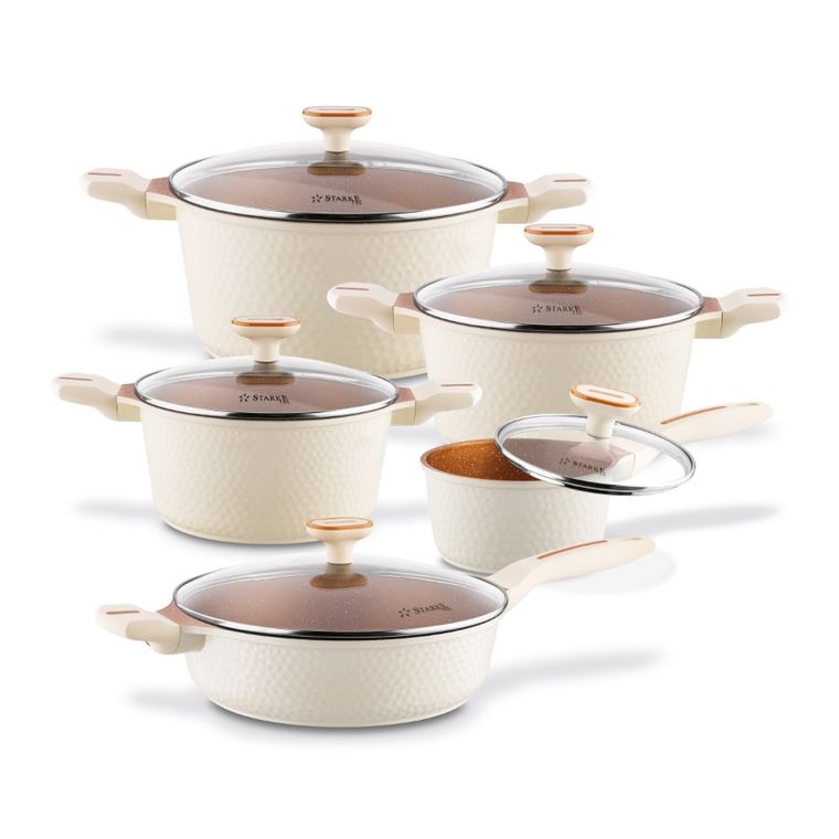 Starke Pro, Texture Creamy, zestaw garnków z pokrywką i patelnia, 10 elementów