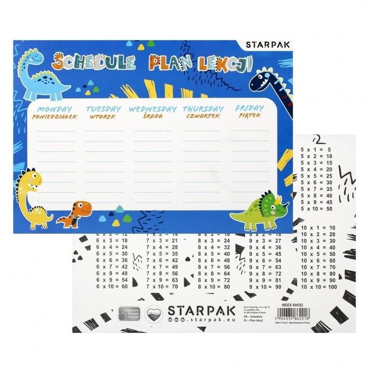 Starpak, plan lekcji z tabliczką mnożenia, Dino, 25 szt.
