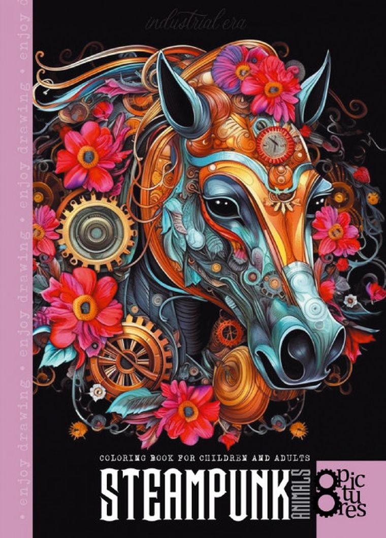 Steampunk Koń. Kolorowanka A4. 8 obrazków