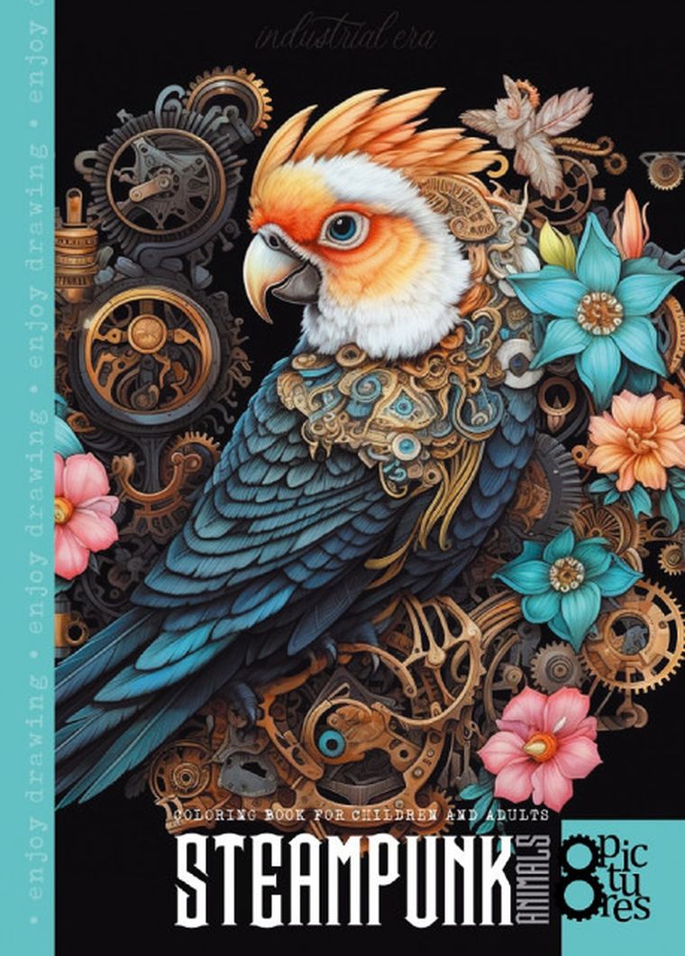 Steampunk Papuga. Kolorowanka A4. 8 obrazków