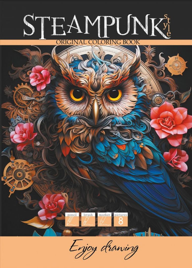 Steampunk Sowa. Kolorowanka A4. 8 obrazków