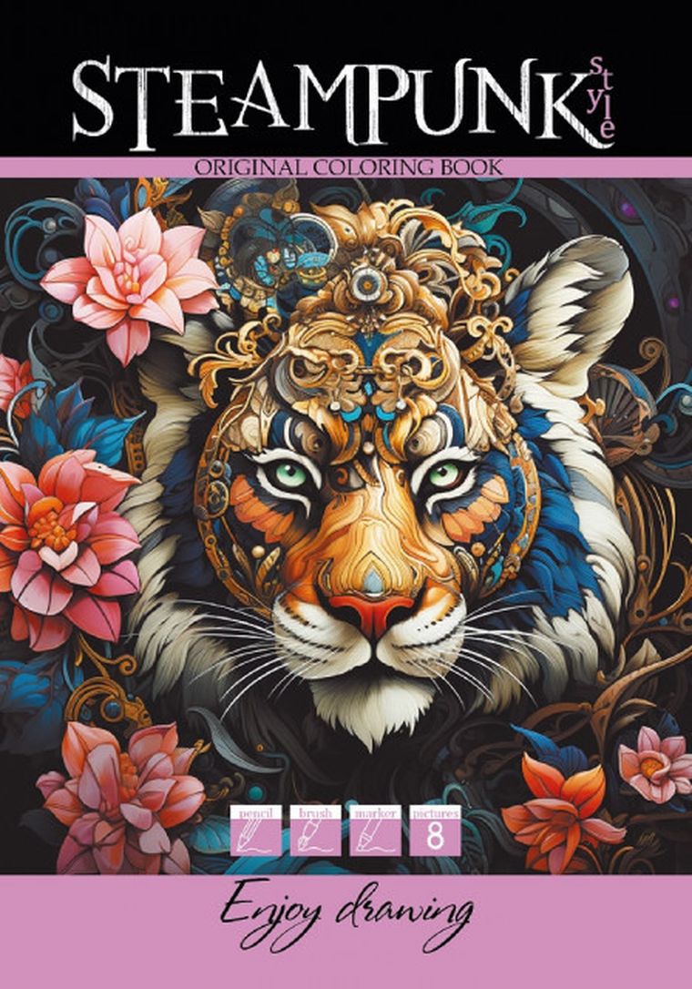 Steampunk Tygrys. Kolorowanka A4. 8 obrazków