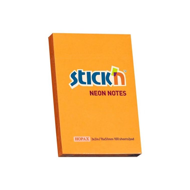 Stick'n, notes samoprzylepny, kostka, pomarańczowy neon, 100 kartek, 76-51 mm