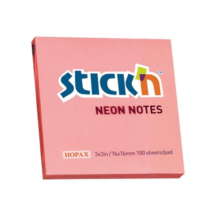 Stick'n, notes samoprzylepny, kostka, różowy neon, 100 kartek, 76-76 mm
