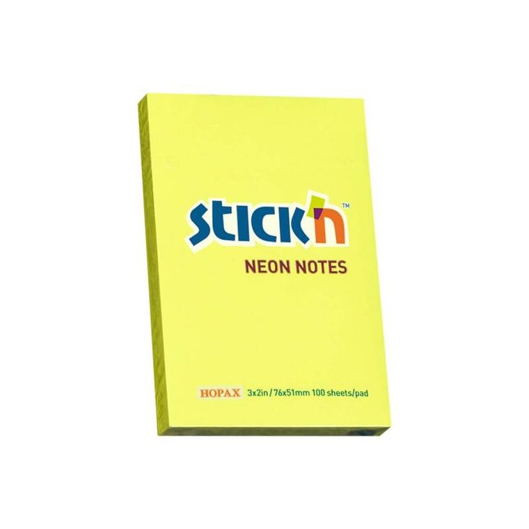Stick'n, notes samoprzylepny, kostka, żółty neon, 100 kartek, 76-51 mm