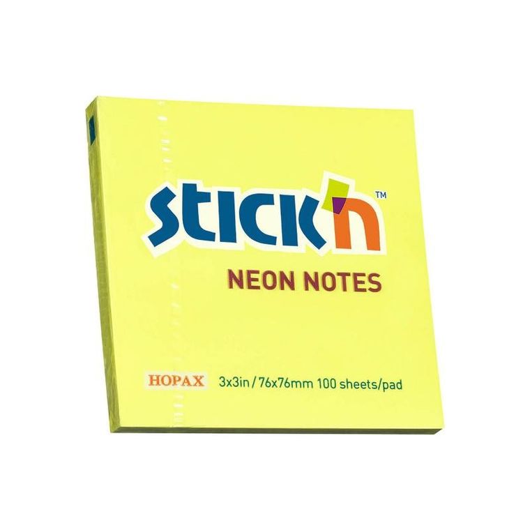Stick'n, notes samoprzylepny, kostka, żółty neon, 100 kartek, 76-76 mm