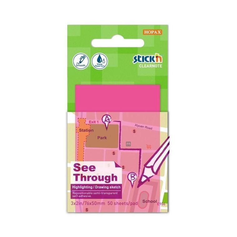 Stick’n, notes samoprzylepny, przezroczysty, róż, 50 kartek, 51-76mm