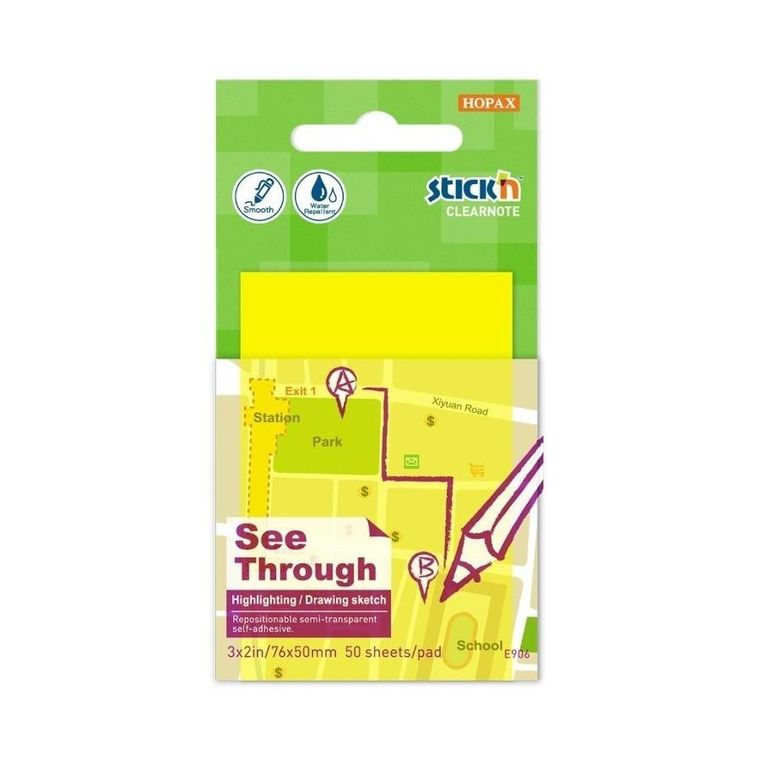 Stick’n, notes samoprzylepny, przezroczysty, żółty, 50 kartek, 51-76 mm