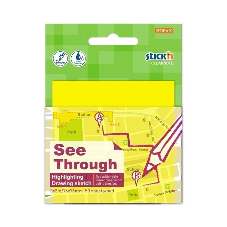 Stick’n, notes samoprzylepny, przezroczysty, żółty, 50 kartek, 76-76 mm