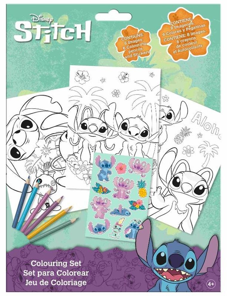 Stitch. Zestaw do kolorowania. 6 kredek + 8 obrazków