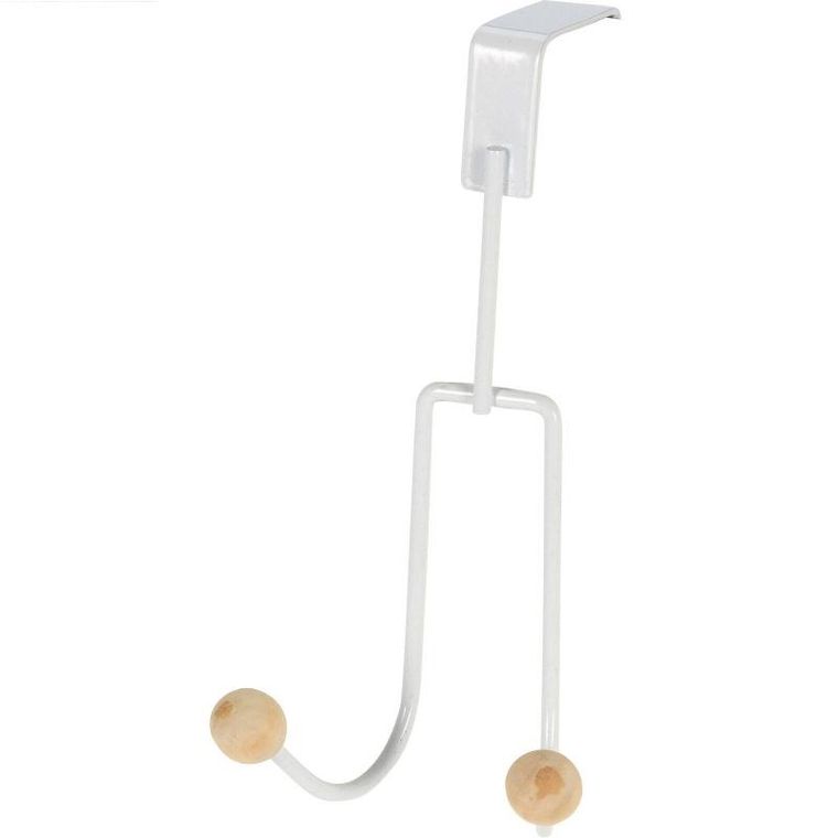 Storagesolutions, wieszak na drzwi biały, metalowy, 2 haczyki z drewnianymi gałkami, 19-9.5-10.5 cm