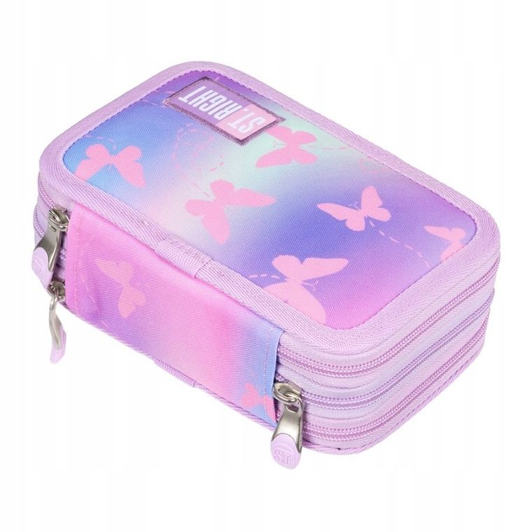 St.Right, piórnik rozkładany, potrójny, z wyposażeniem, Pink Butterflies