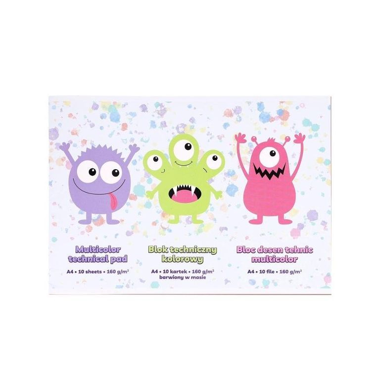 Strigo, blok techniczny, kolorowy, A4, 10 kartek, 160g, Monsterki