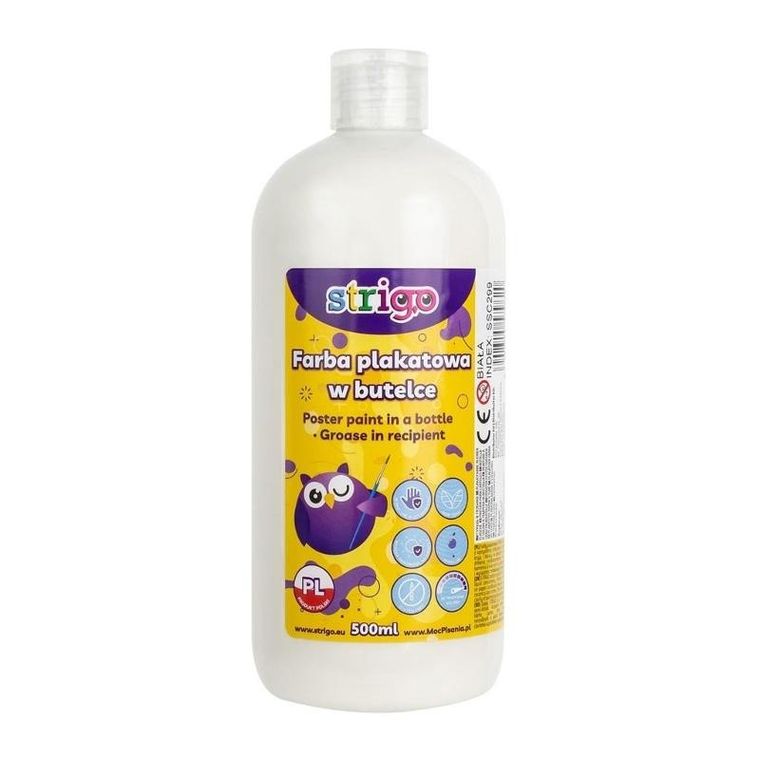 Strigo, farba plakatowa, butelka, biała, 500 ml