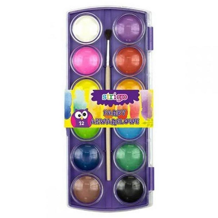 Strigo, farby akwarelowe + pędzel, 12 kolorów