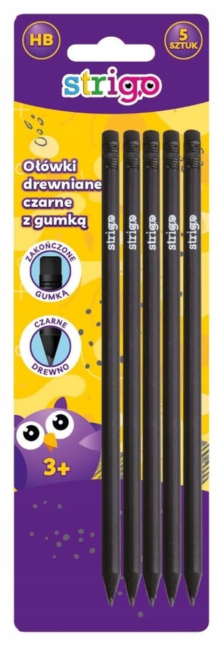 Strigo, ołówek z gumka, czarny, 5 szt.