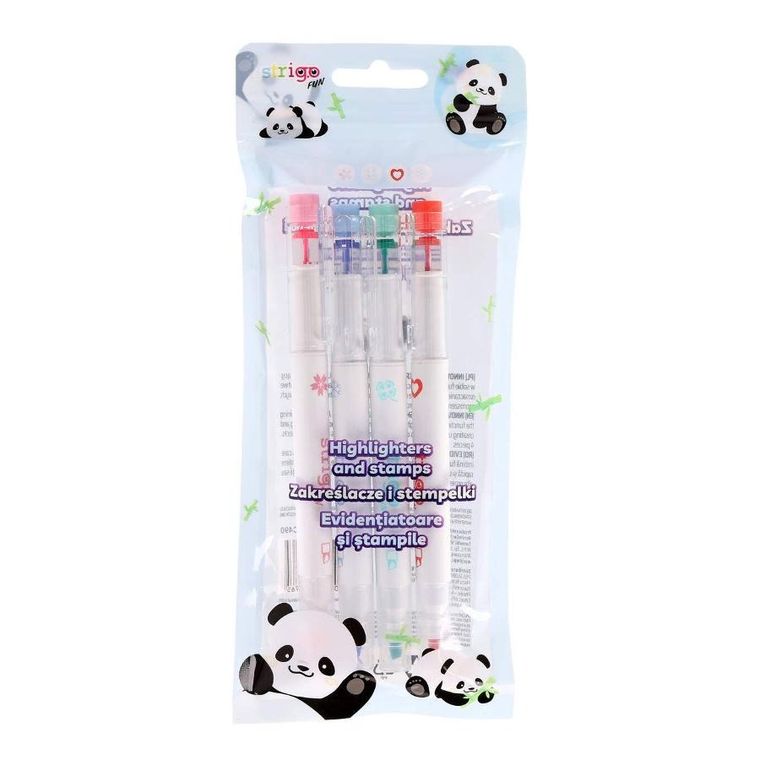 Strigo, panda, zakreślacze i stempelki 2w1, 4 szt.