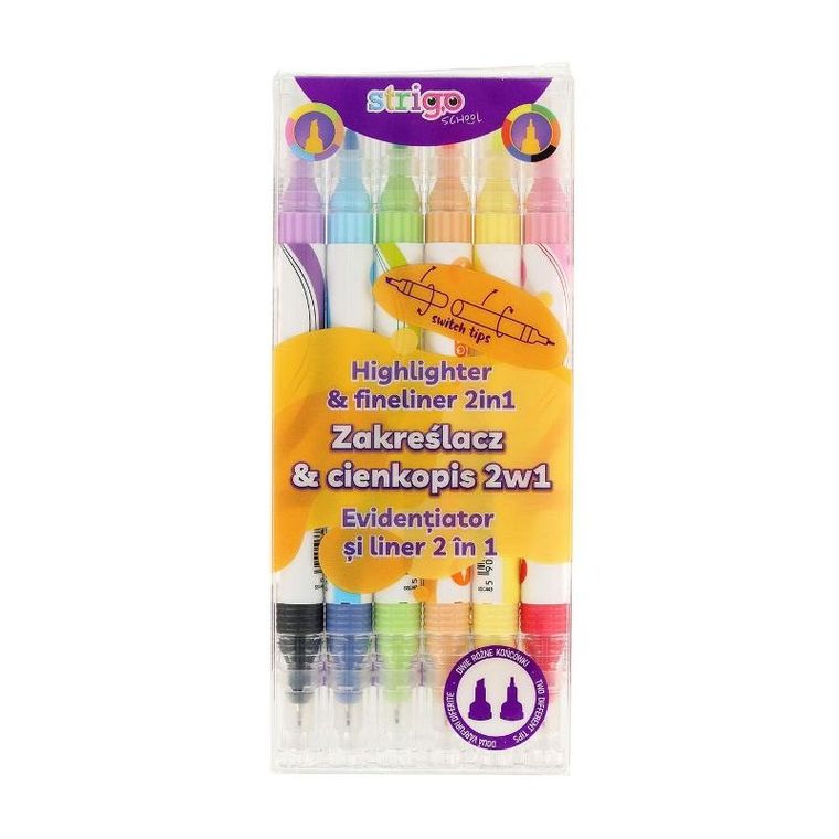 Strigo, zakreślacz i cienkopis, 2w1, 6 kolorów