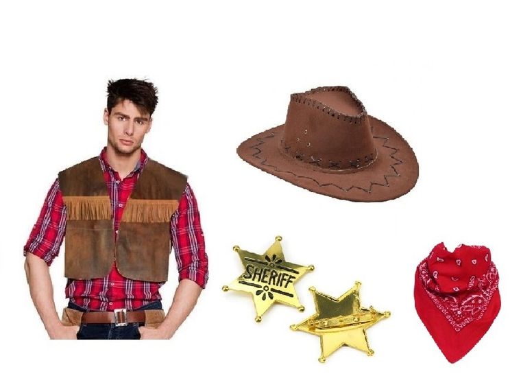 Strój kowboja dla dorosłych, kamizelka, kapelusz, bandanka, gwiazda, 4 elementy