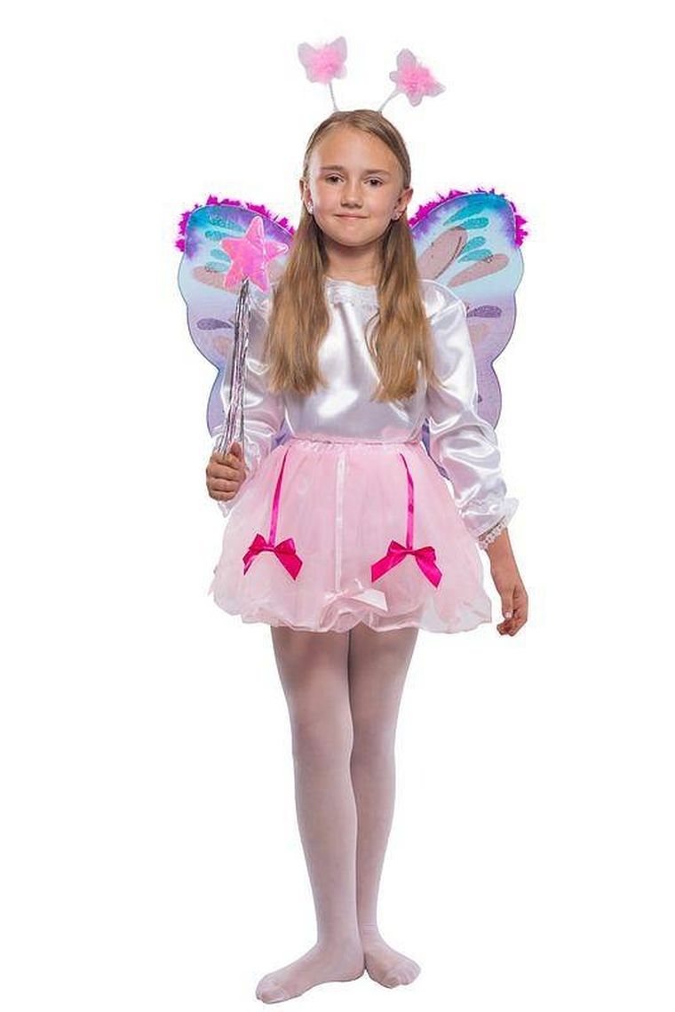 Strój motylka, spódniczka, skrzydła, różdżka, opaska, różowy