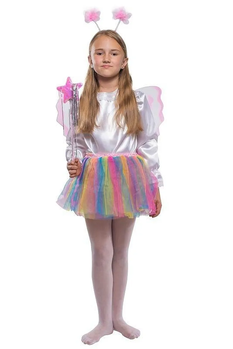 Strój motylka, spódniczka, skrzydła, różdżka, opaska, tęczowy