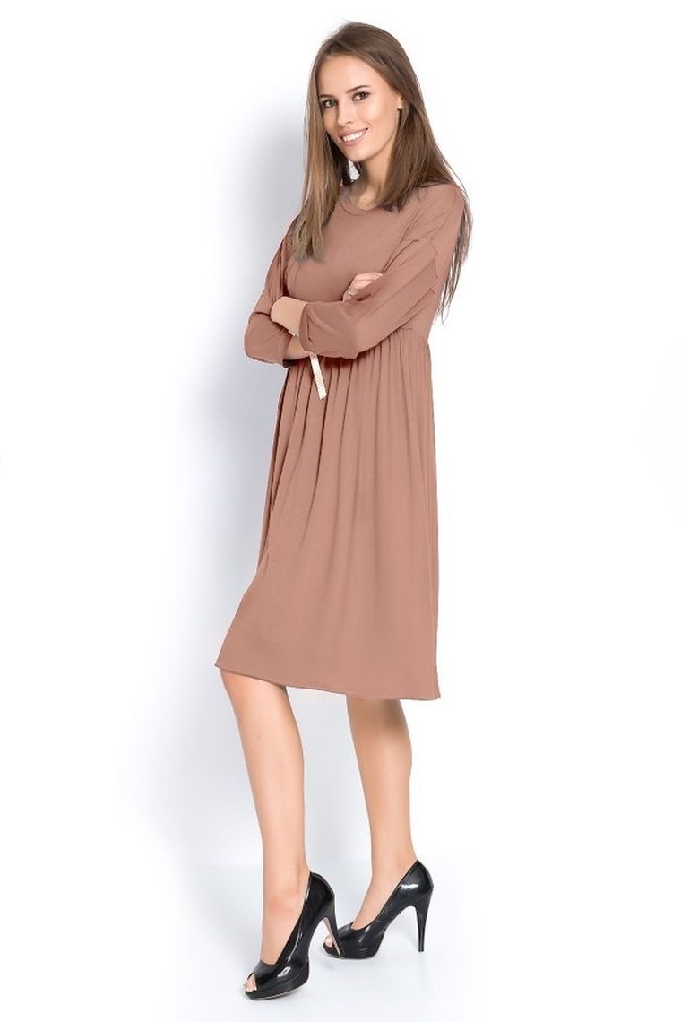 Sukienka damska z długim rękawem, beżowa, Ilunari