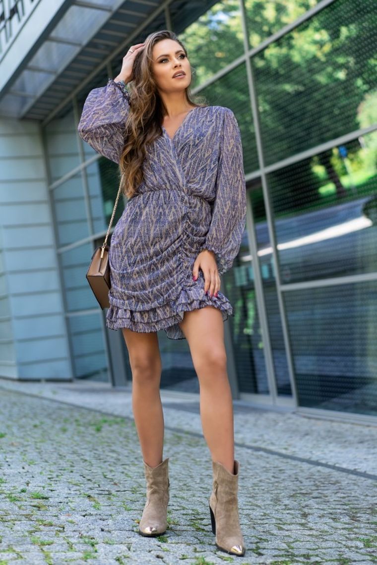 Sukienka damska z długim rękawem, niebieska, marszczenie, Ealonna, Merribel