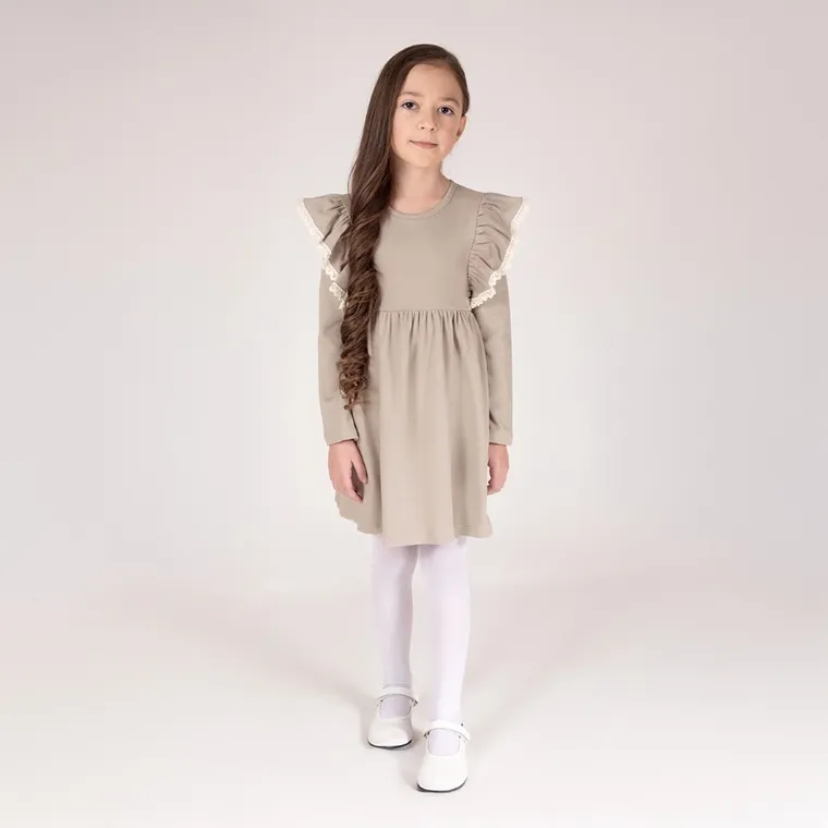 Sukienka dziewczęca z długim rękawem, beżowa, Nicol