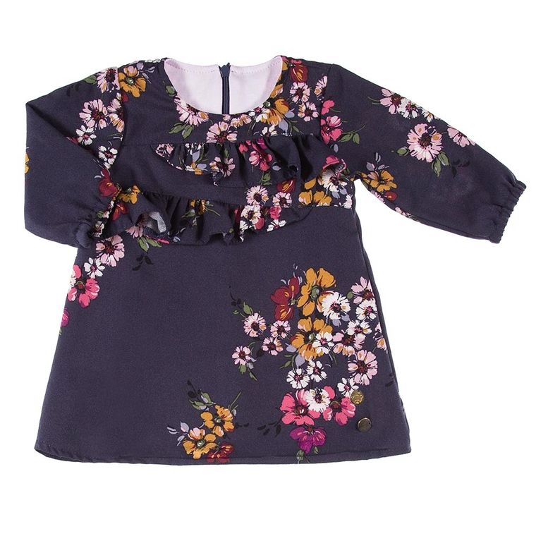 Sukienka dziewczęca z długim rękawem, granatowa, kwiaty, Eevi