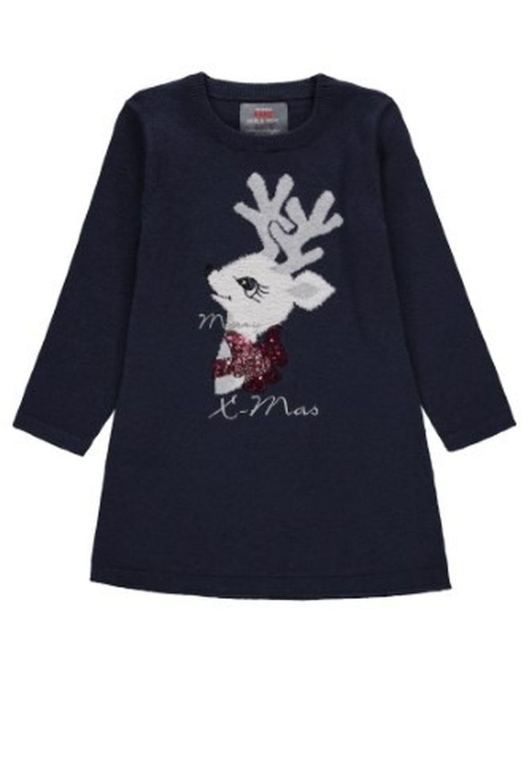 Sukienka dziewczęca z długim rękawem, granatowa, renifer, Kanz