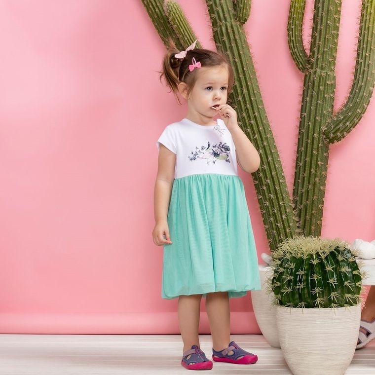 Sukienka dziewczęca z krótkim rękawem, biało-miętowa, Nicol