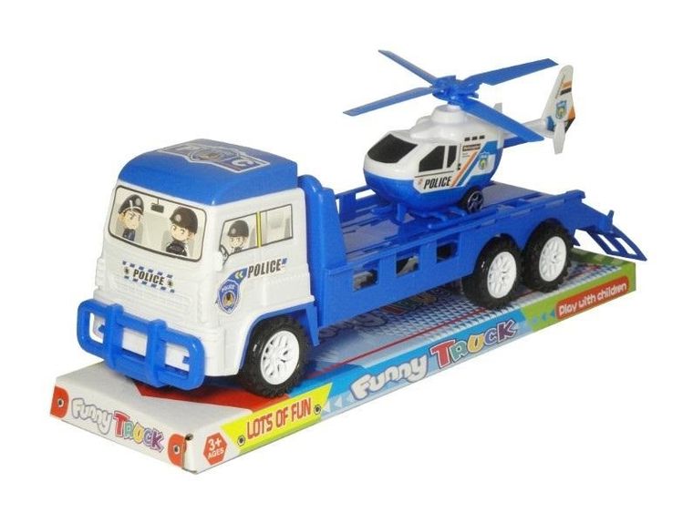 Swede, ciężarówka policyjna z przyczepą i helikopterem
