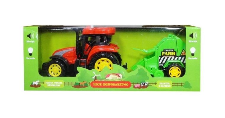 Swede, traktor z maszyną, polski moduł dźwiękowy, czerwony