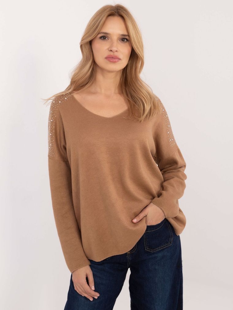 Sweter damski, oversize, brązowy, Italy Moda
