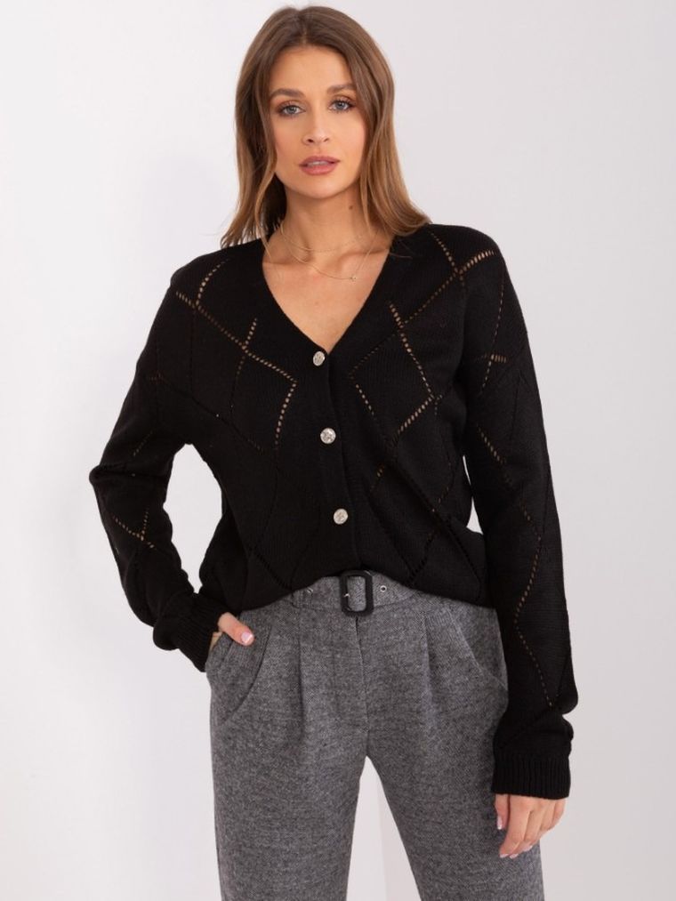 Sweter damski z wełną, rozpinany, czarny, Rue Paris