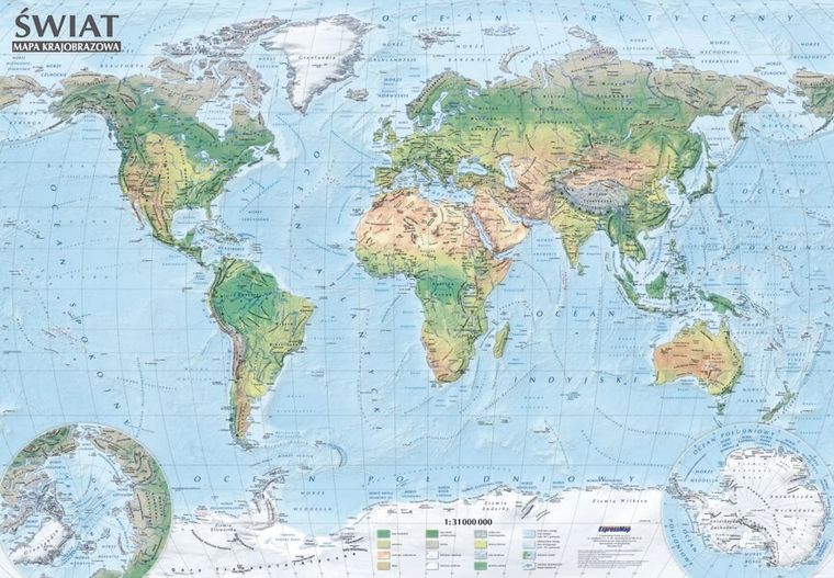 Świat. Mapa polityczna i krajobrazowa - oprawiona w listwy 1:31 000 000