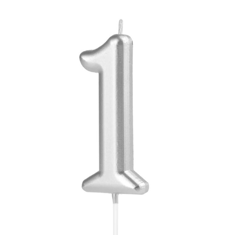 Świeczka urodzinowa, cyfra 1, srebrna, 7 cm