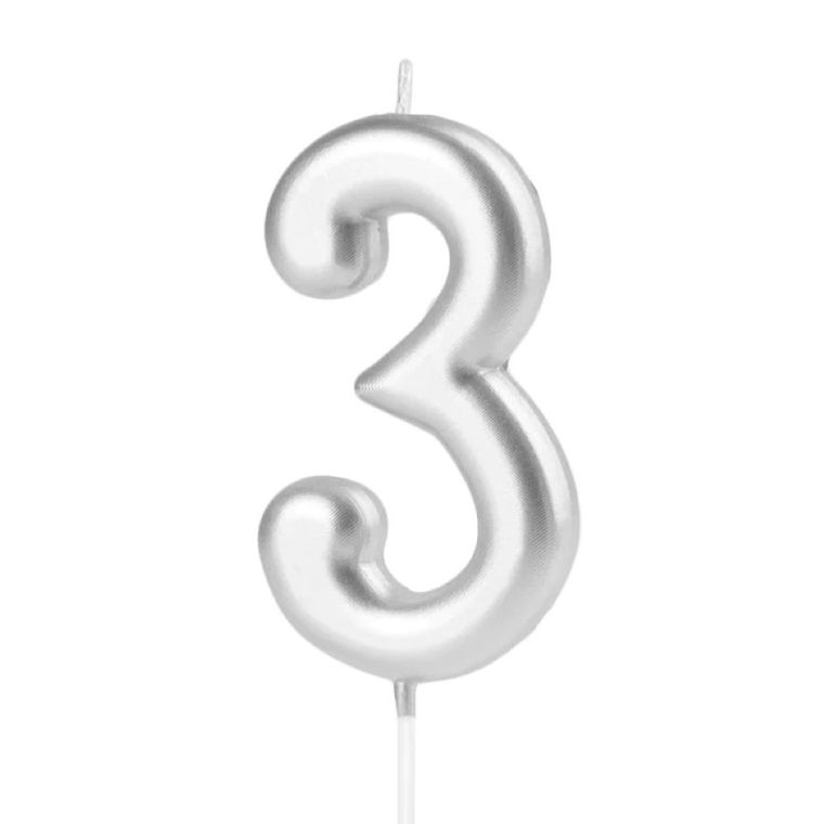 Świeczka urodzinowa, cyfra 3, srebrna, 7 cm